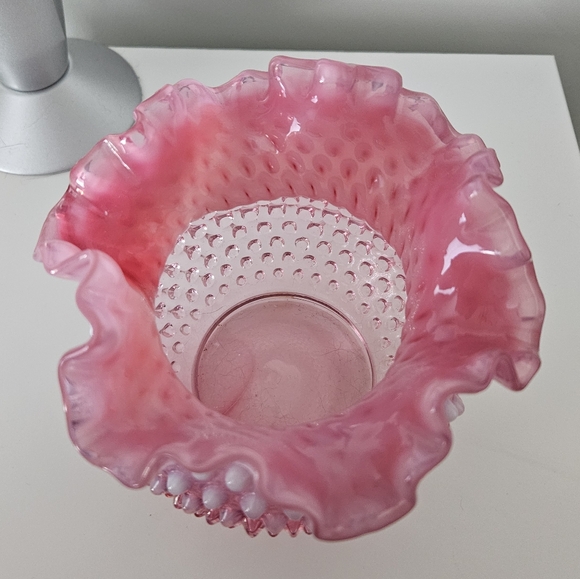 Fenton Cranberry Opalescent Hobnail Double Crimped Vase - Picture 4 of 8